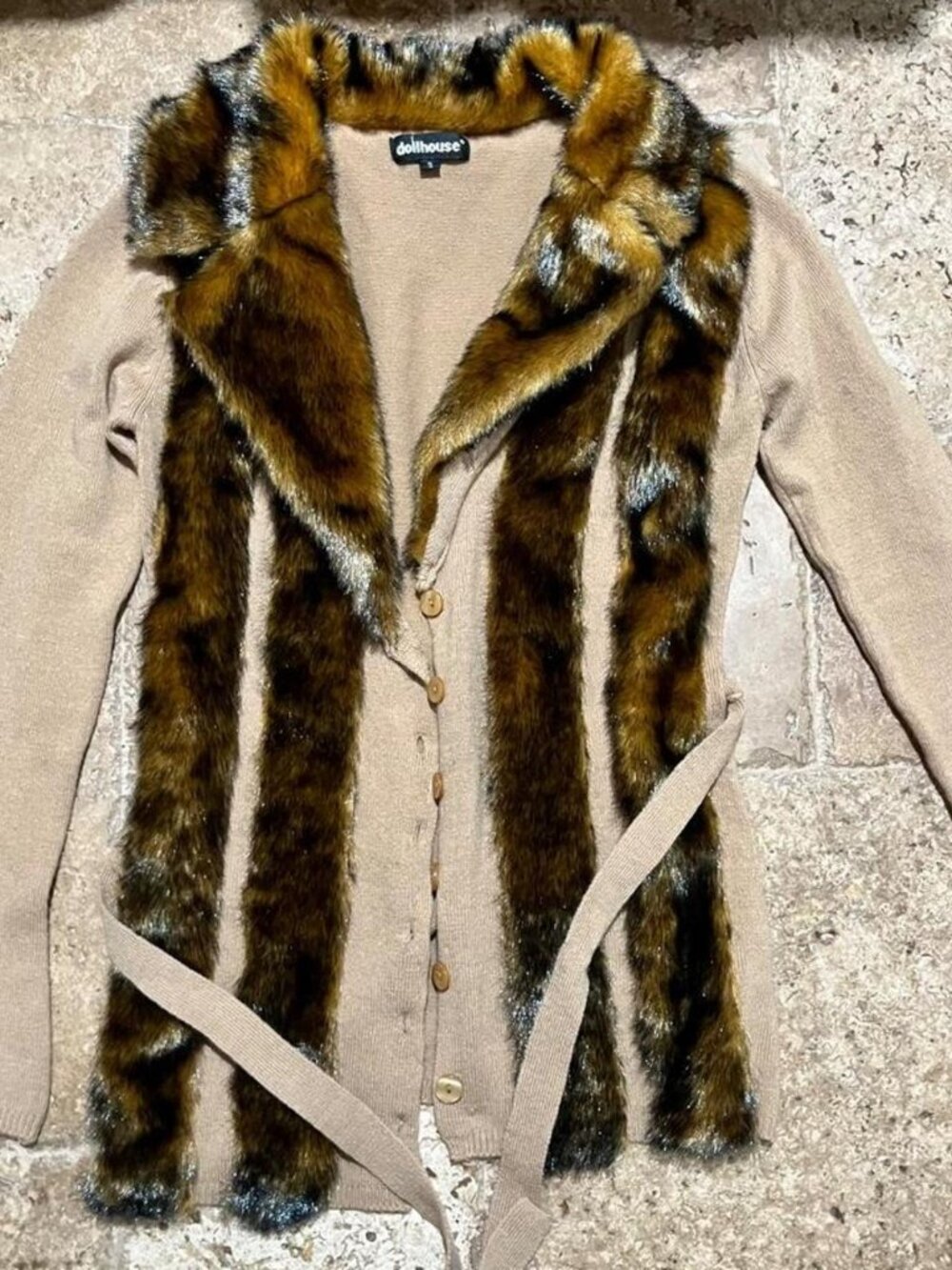 Dollhouse Y2K Faux Fur Trim Belted Cardigan Brown S